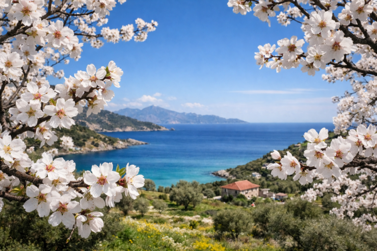 Datça'da badem çiçekleri açmış ağaçlar ve beyaz çiçek denizi