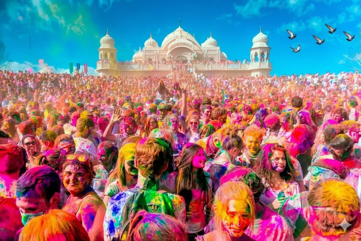 Holi Festivali sırasında renkli tozlarla kaplanmış kalabalık bir insan grubu, Hindistan’da bahar kutlamaları