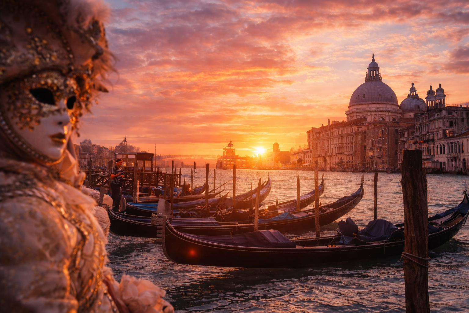 Venedik Karnavalı atmosferinde Grand Canal üzerinde gondollar ve gün batımında maskeli kostümlü figür