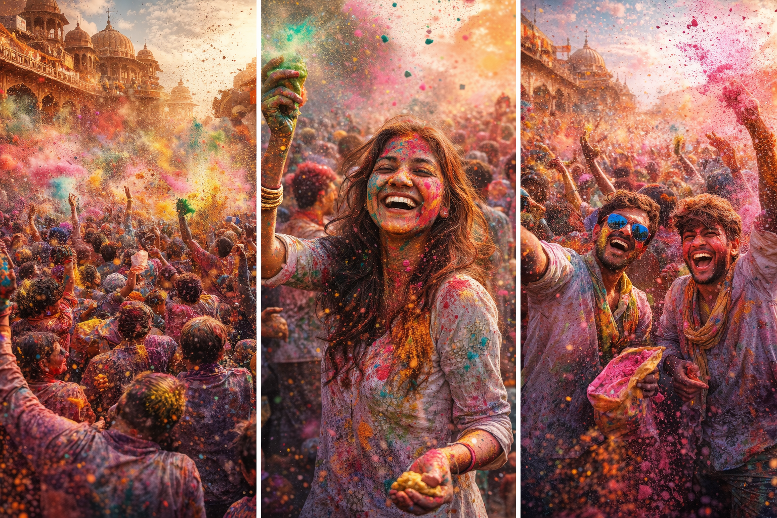 Holi Festivali sırasında Hindistan’da renkli tozlarla kutlama yapan kalabalık.