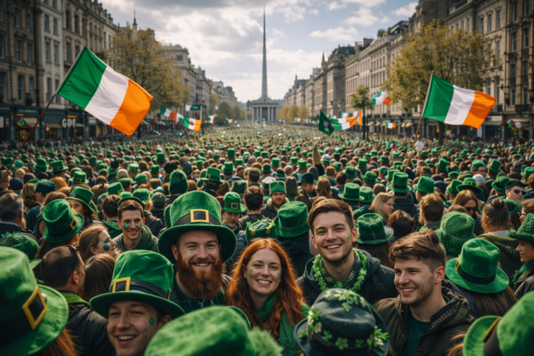 St Patrick's Day Dublin festivalinde yeşil şapkalar giyen kalabalık ve İrlanda bayrakları