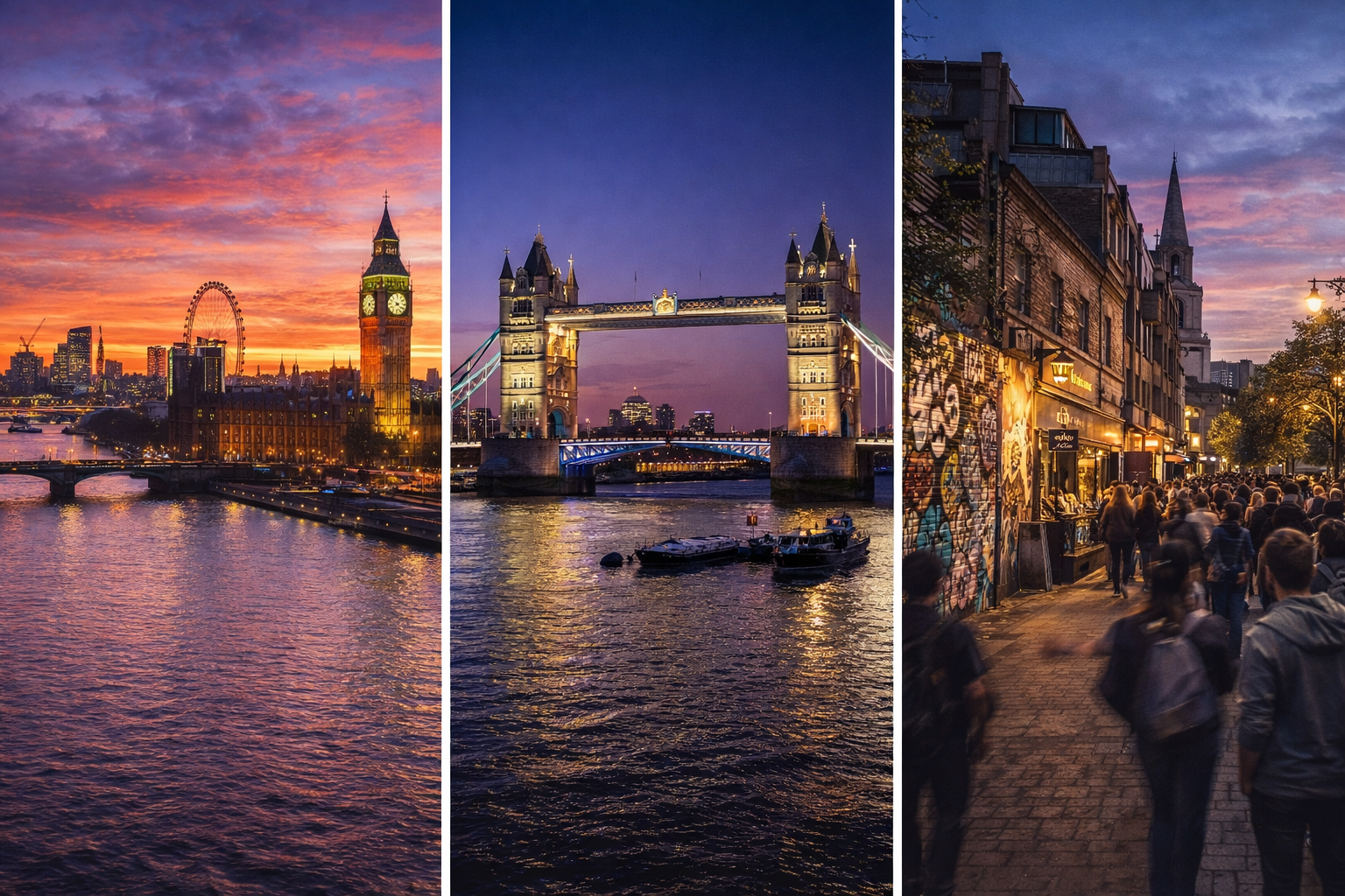 Londra şehir manzarası – Thames Nehri, Big Ben ve Tower Bridge üçlü panorama görünümü