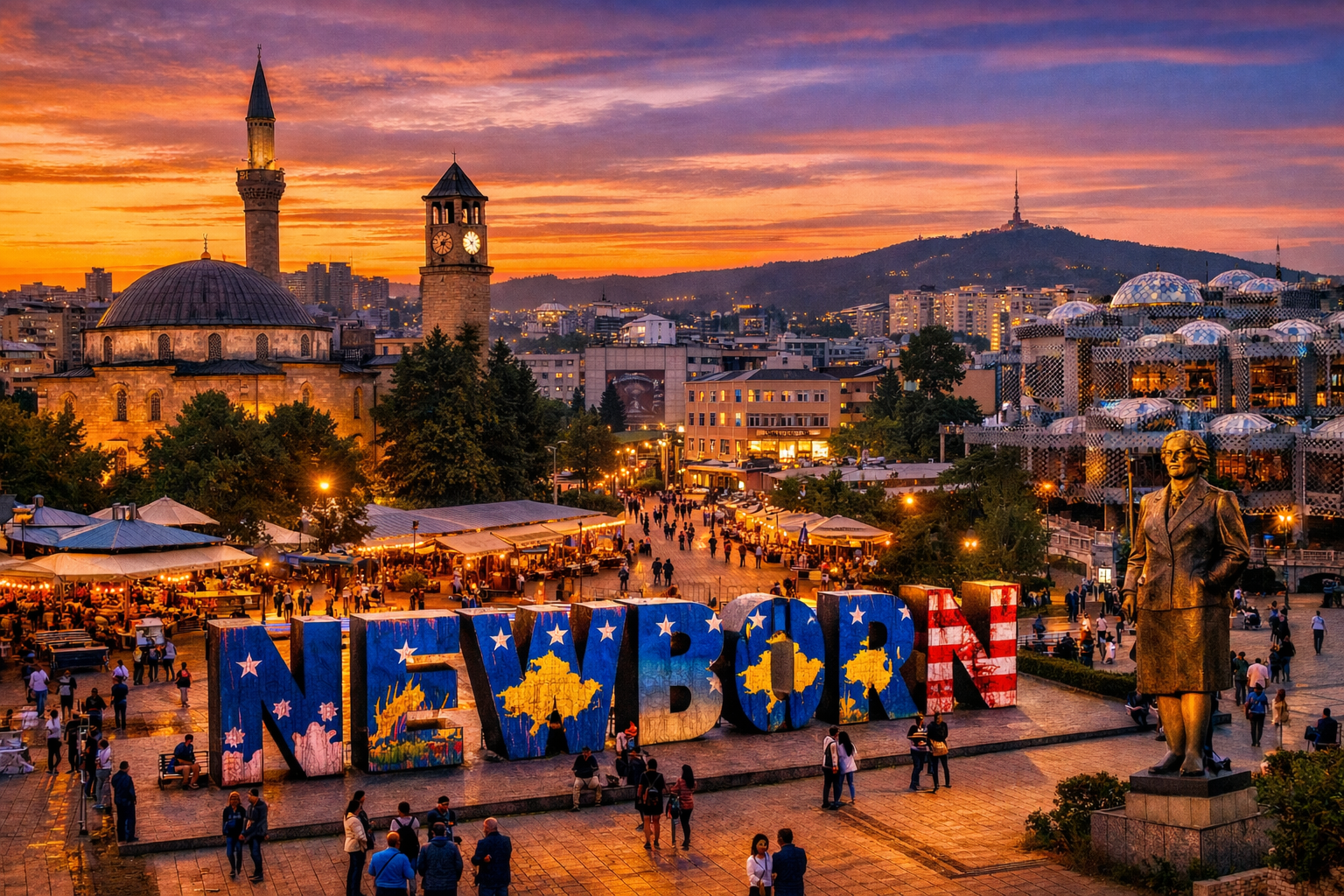 Priştine şehir merkezi ve Newborn Anıtı gün batımında