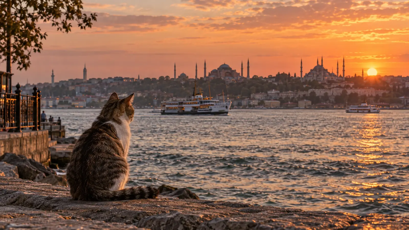 : İstanbul Boğazı’nda gün batımını izleyen sevimli bir sokak kedisi.